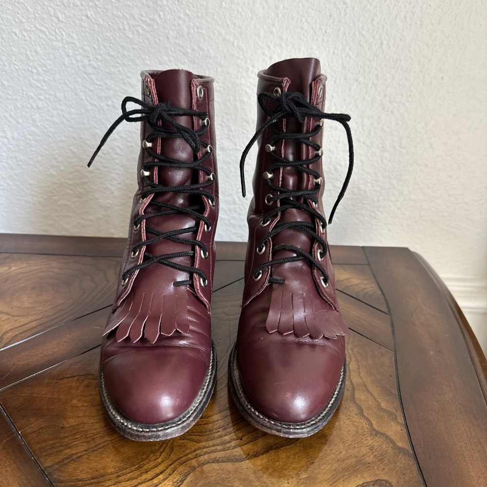 Justin Ladies Roper Kiltie Frill Boots Maroon Women's 5.5B Lace-up USA Made